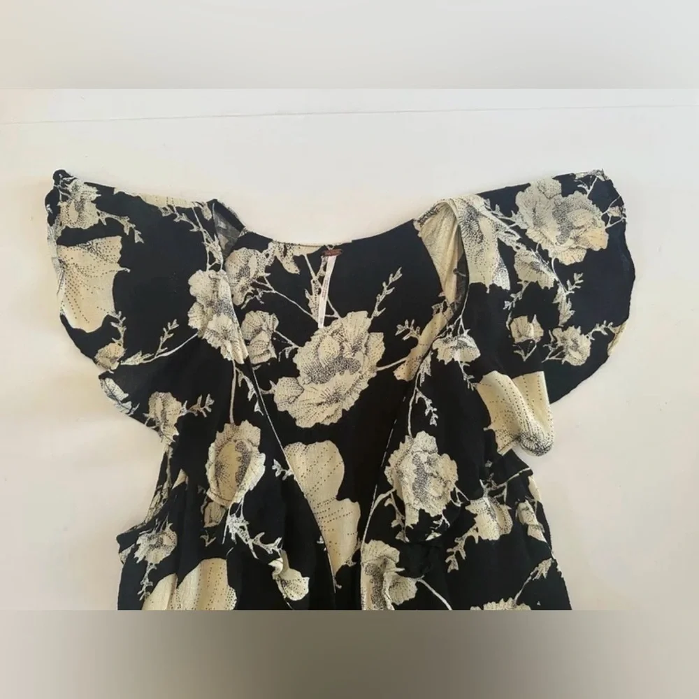 Free People Black Wrap Dress with Cream Floral Print Ruffled Mini Dress size XS